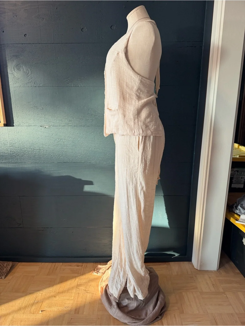 Free People Cream Linen-Blend Vest & Wide Leg Pants 2-Piece Set Size S